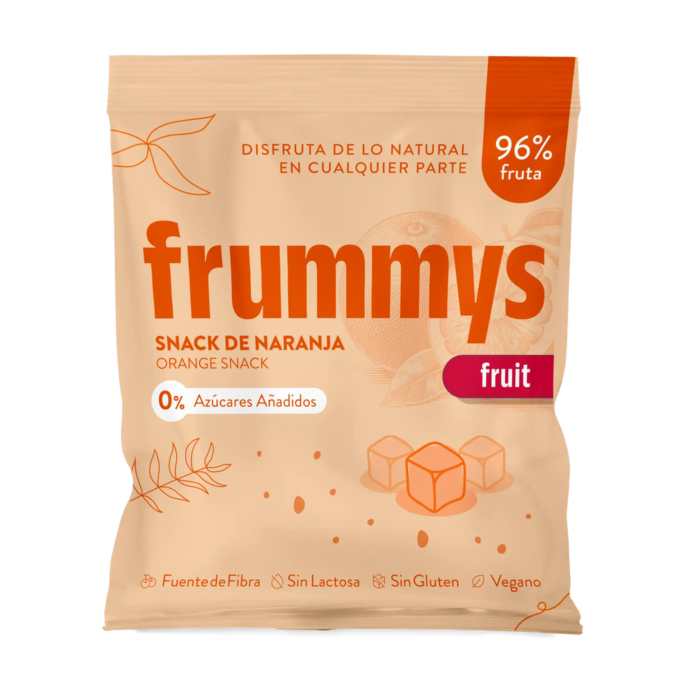 Bolsa de snack de naranja Frummys, 96% fruta real sin azúcares añadidos