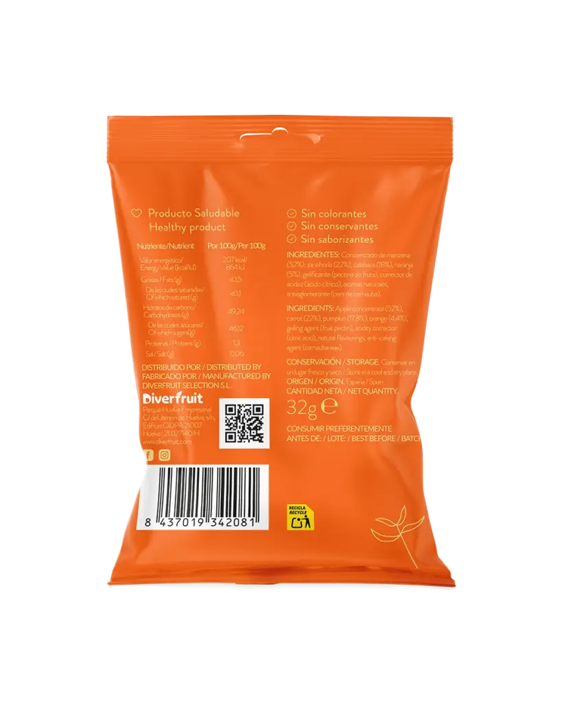 Gominolas naturales de zanahoria y calabaza sin azúcar ni aditivos.