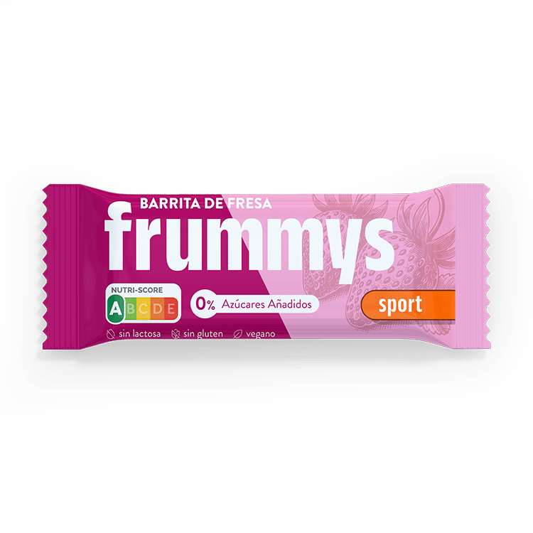 Barrita energética natural de fresa, sin azúcar ni aditivos, marca Frummys.