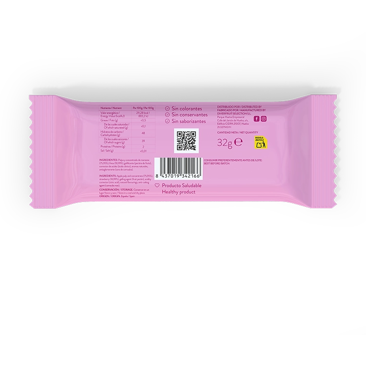 Barrita energética natural de fresa, sin azúcar ni aditivos, marca Frummys.