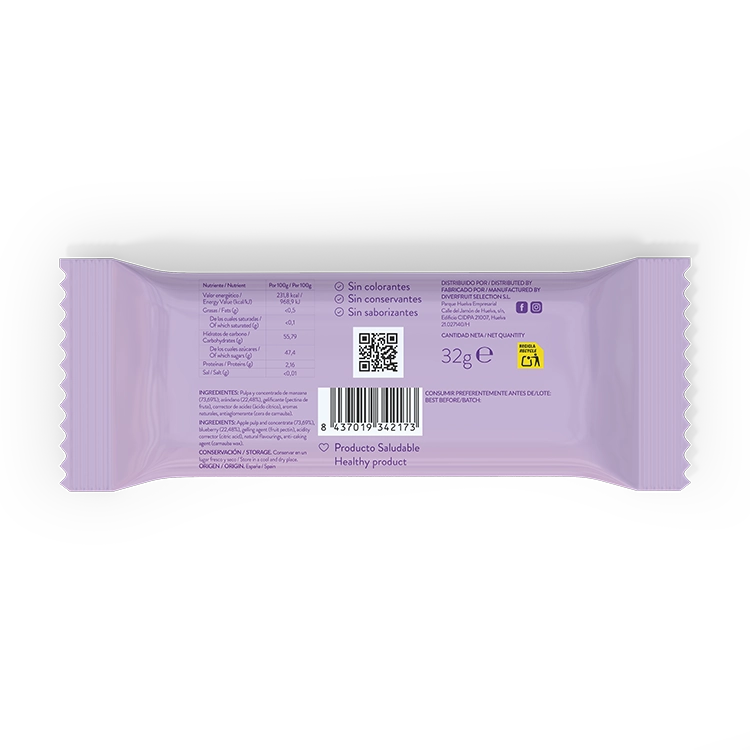 Barrita energética natural de arándanos, sin azúcar ni aditivos, marca Frummys.