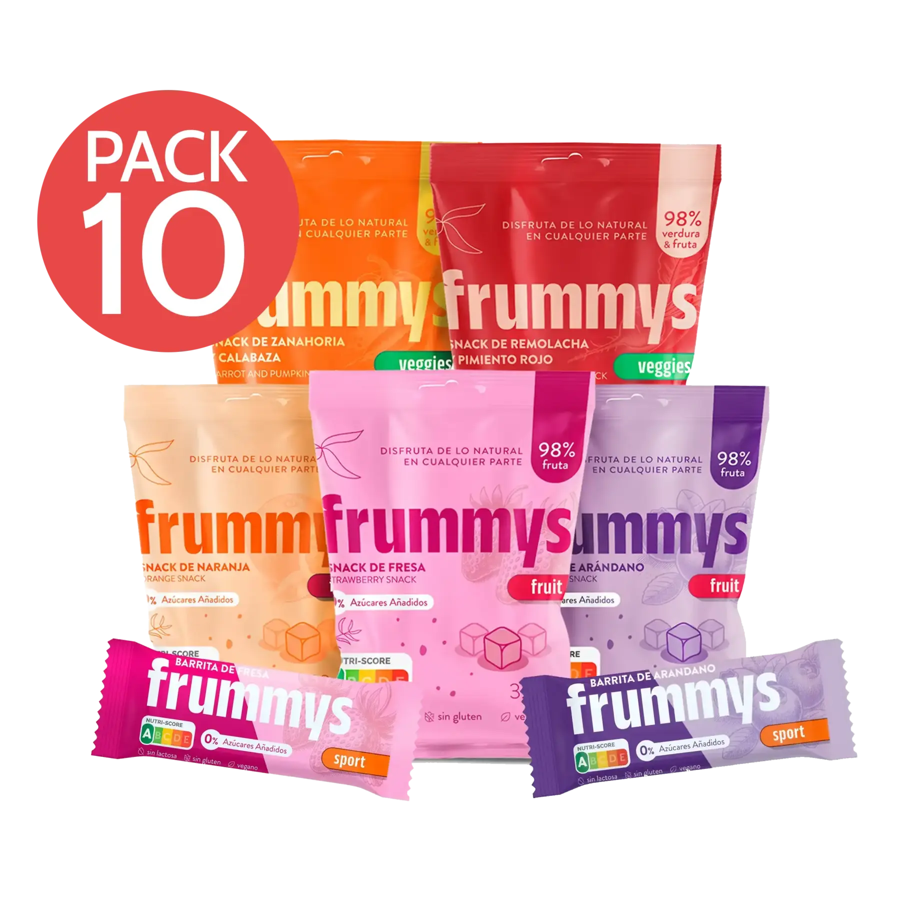 Pack de 10 snacks Frummys 100 % fruta o vegetal, sin azúcar ni aditivos.