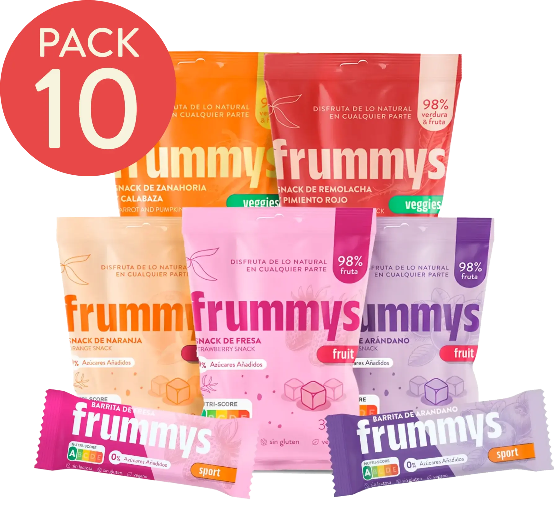 Pack Rotary de 10 snacks Frummys 100 % fruta o vegetal, sin azúcar ni aditivos.