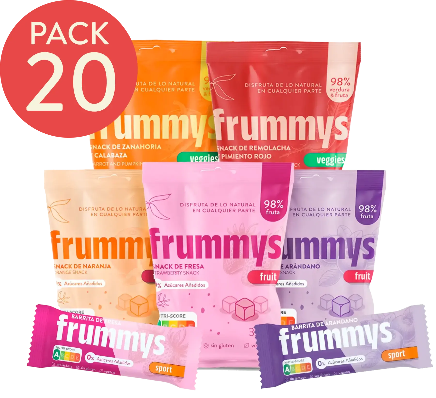 Pack de 20 snacks Frummys 100 % fruta o vegetal, sin azúcar ni aditivos.