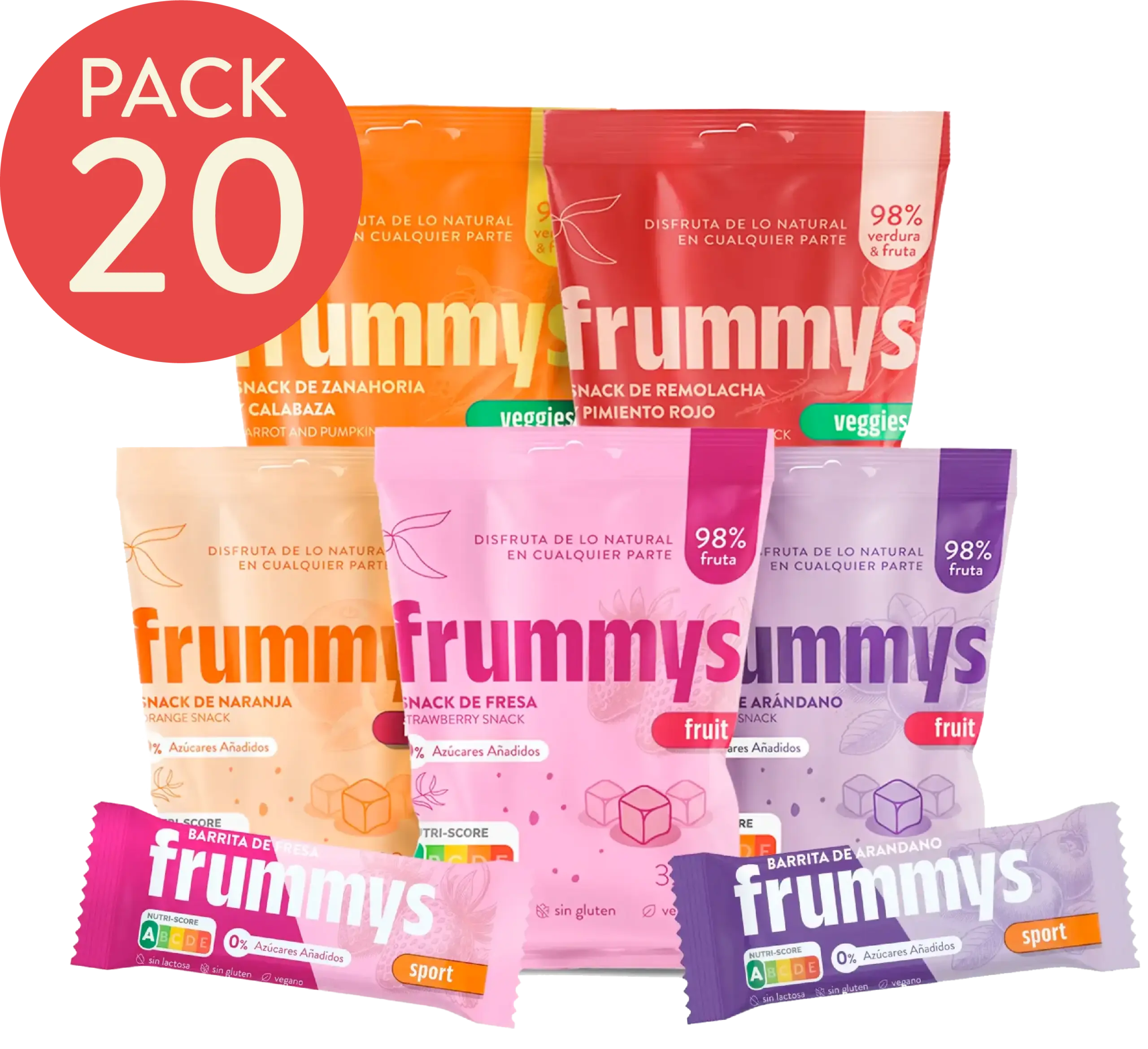 Pack de 20 snacks Frummys 100 % fruta o vegetal, sin azúcar ni aditivos.