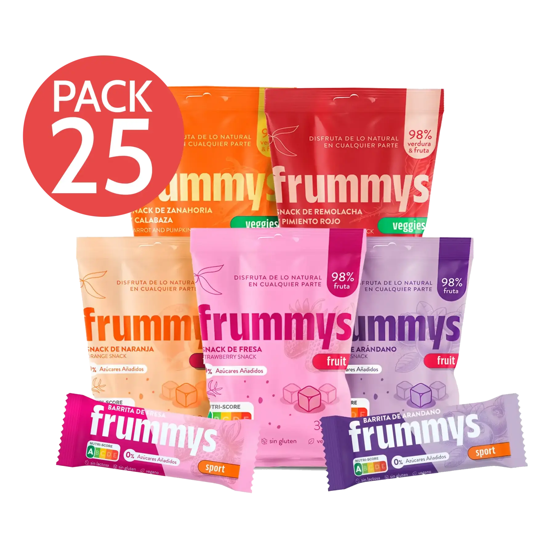 Pack de 25 snacks Frummys 100 % fruta o vegetal, sin azúcar ni aditivos.