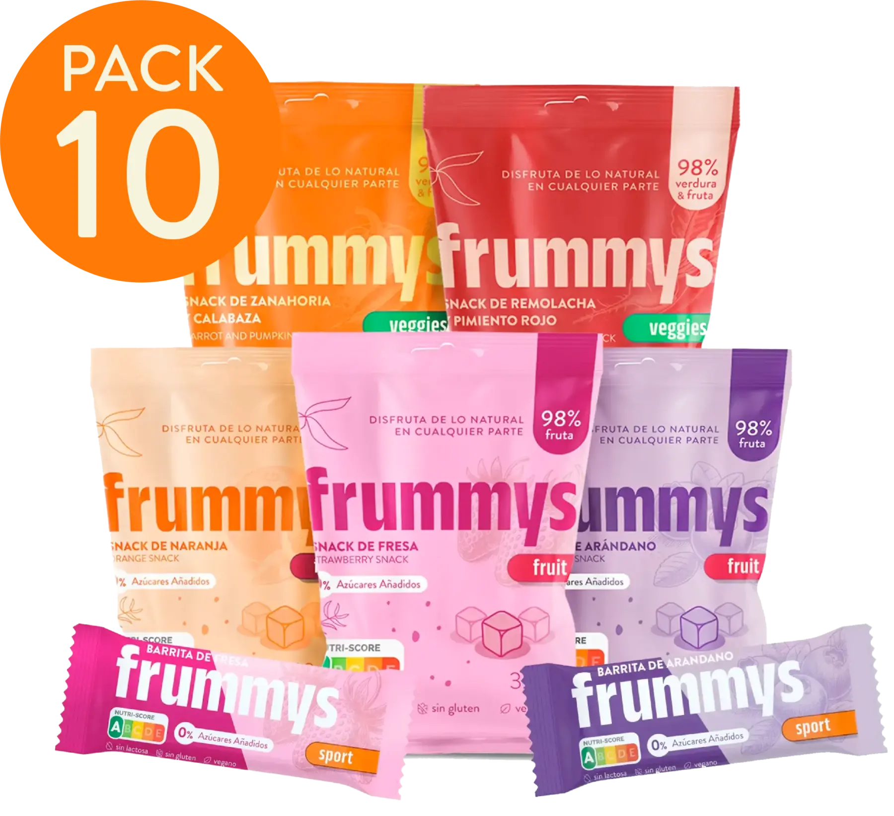 Pack de 10 snacks Frummys 100 % fruta o vegetal, sin azúcar ni aditivos.