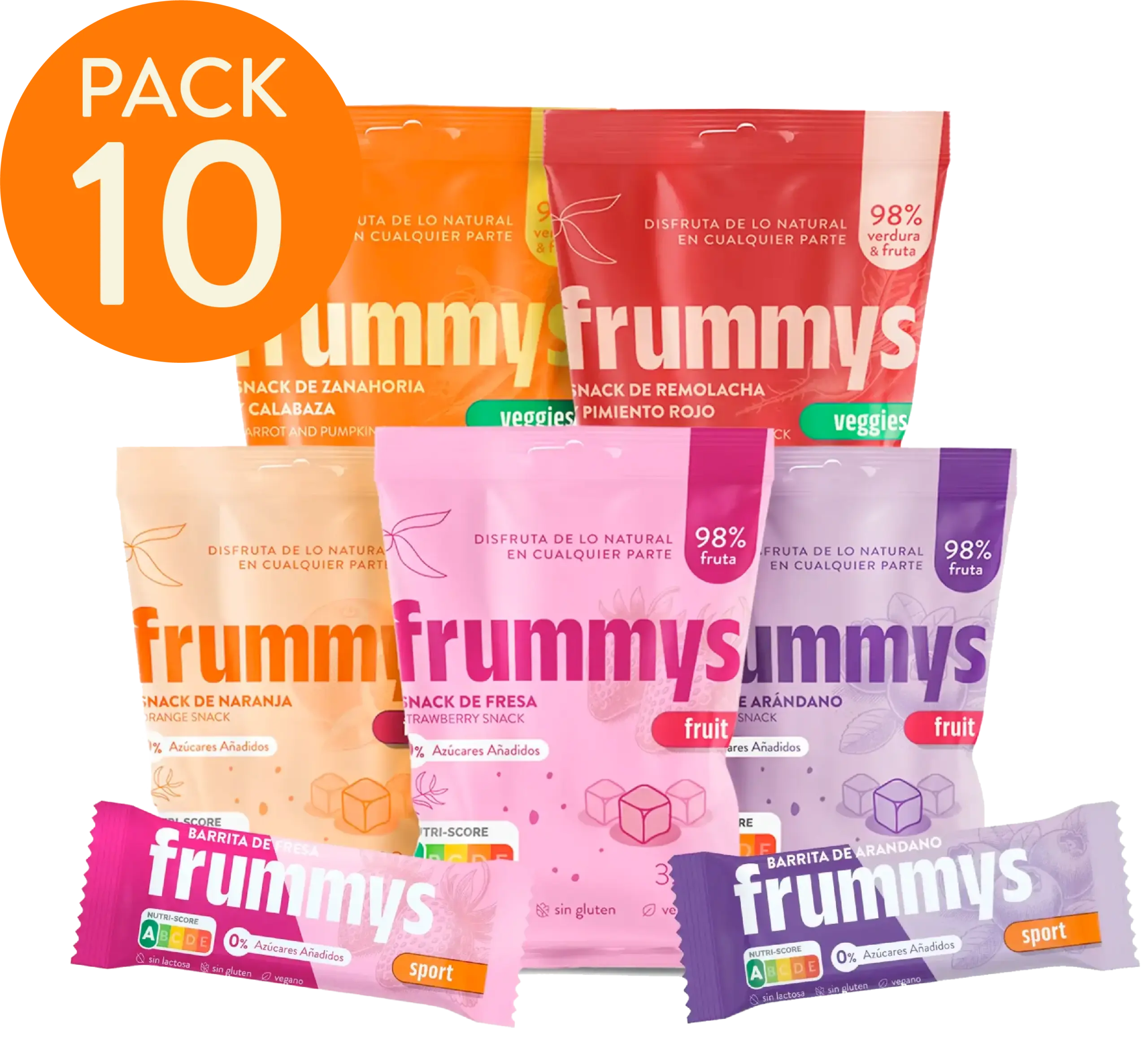 Pack de 10 snacks Frummys 100 % fruta o vegetal, sin azúcar ni aditivos.