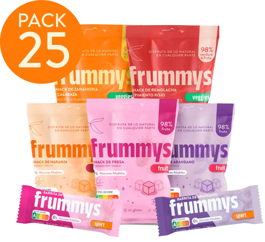 Pack de 25 snacks Frummys 100 % fruta o vegetal, sin azúcar ni aditivos.
